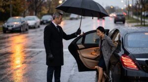 Chauffeur holding an umbrella beside a black saloon for an affordable Durham Region airport limo service.
