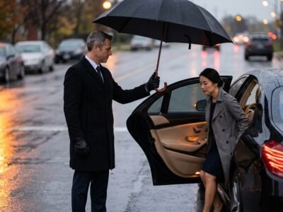 Chauffeur holding an umbrella beside a black saloon for an affordable Durham Region airport limo service.