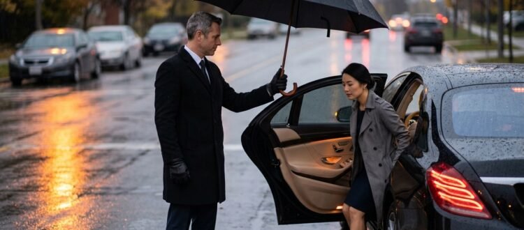 Chauffeur holding an umbrella beside a black saloon for an affordable Durham Region airport limo service.