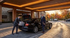 Chauffeur loading luggage into an Ajax Pearson limousine parked curbside outside a boutique hotel.