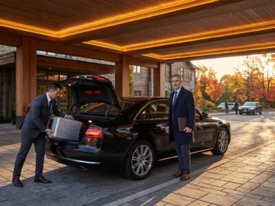 Chauffeur loading luggage into an Ajax Pearson limousine parked curbside outside a boutique hotel.