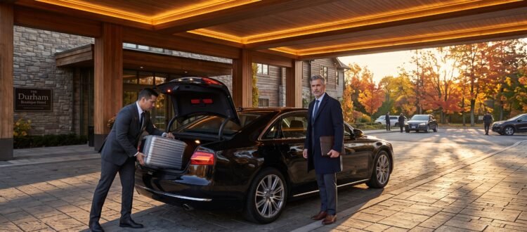 Chauffeur loading luggage into an Ajax Pearson limousine parked curbside outside a boutique hotel.