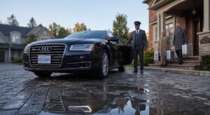 Ground-level view of an executive car showing transparent Ajax Pearson limousine prices outside a modern home.
