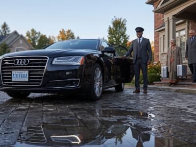 Ground-level view of an executive car showing transparent Ajax Pearson limousine prices outside a modern home.