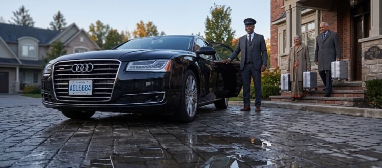 Ground-level view of an executive car showing transparent Ajax Pearson limousine prices outside a modern home.