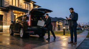 Chauffeur placing travel cases into a luxury SUV for an Ajax Pearson limousine reservation outside an executive residence.
