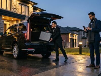 Chauffeur placing travel cases into a luxury SUV for an Ajax Pearson limousine reservation outside an executive residence.