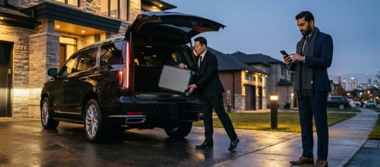 Chauffeur placing travel cases into a luxury SUV for an Ajax Pearson limousine reservation outside an executive residence.