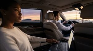 Passenger viewing highway traffic from inside the best Durham Region airport limo service saloon.