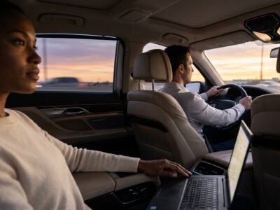 Passenger viewing highway traffic from inside the best Durham Region airport limo service saloon.