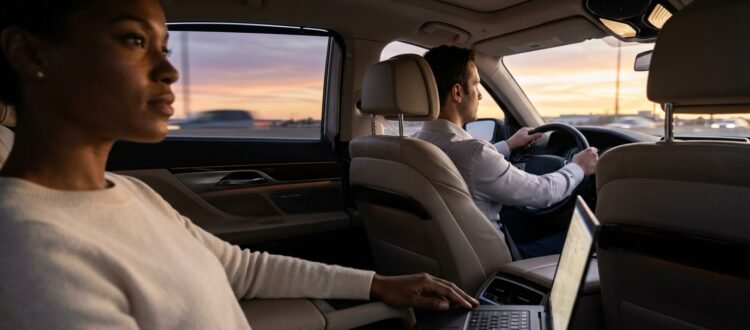 Passenger viewing highway traffic from inside the best Durham Region airport limo service saloon.