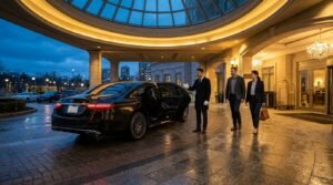 Chauffeur greeting an executive couple outside a hotel portico to book Durham Region airport limo service.
