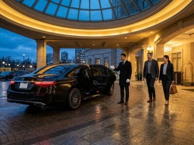 Chauffeur greeting an executive couple outside a hotel portico to book Durham Region airport limo service.