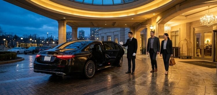 Chauffeur greeting an executive couple outside a hotel portico to book Durham Region airport limo service.