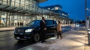 Professional chauffeur standing beside a black luxury SUV for a Durham Region airport limo transfer outside a transit hub.