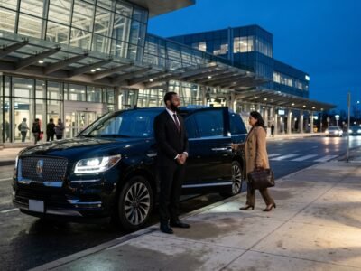 Professional chauffeur standing beside a black luxury SUV for a Durham Region airport limo transfer outside a transit hub.