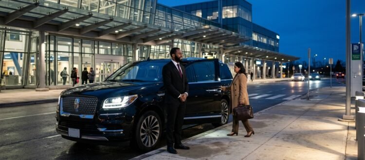 Professional chauffeur standing beside a black luxury SUV for a Durham Region airport limo transfer outside a transit hub.