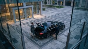 High-angle view of a chauffeur standing near a luxury saloon offering transparent Durham Region airport limo prices.