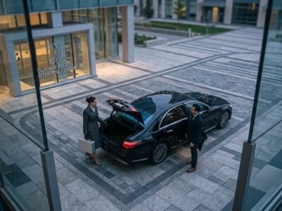 High-angle view of a chauffeur standing near a luxury saloon offering transparent Durham Region airport limo prices.