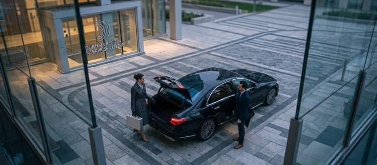High-angle view of a chauffeur standing near a luxury saloon offering transparent Durham Region airport limo prices.