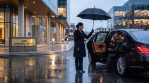 Chauffeur holding umbrella while passenger enters an executive saloon for a hire Ajax to Pearson airport limousine transfer.
