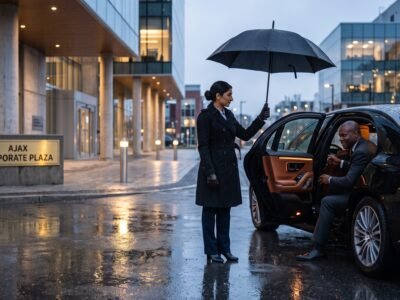 Chauffeur holding umbrella while passenger enters an executive saloon for a hire Ajax to Pearson airport limousine transfer.