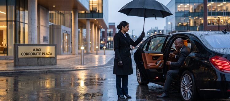 Chauffeur holding umbrella while passenger enters an executive saloon for a hire Ajax to Pearson airport limousine transfer.