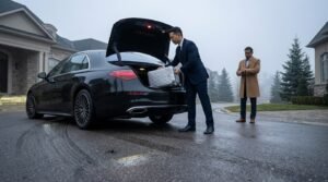 Chauffeur lifting luggage into the boot of an executive saloon to hire Durham Region airport limo service.