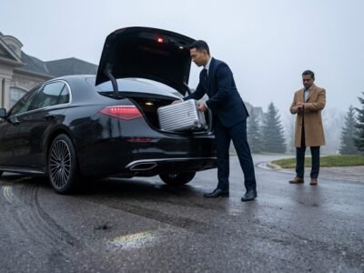 Chauffeur lifting luggage into the boot of an executive saloon to hire Durham Region airport limo service.
