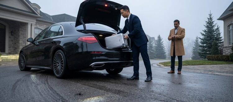 Chauffeur lifting luggage into the boot of an executive saloon to hire Durham Region airport limo service.
