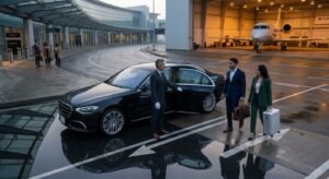 Chauffeur welcoming passengers to a luxury Ajax to Pearson airport limousine outside a private aviation hangar.