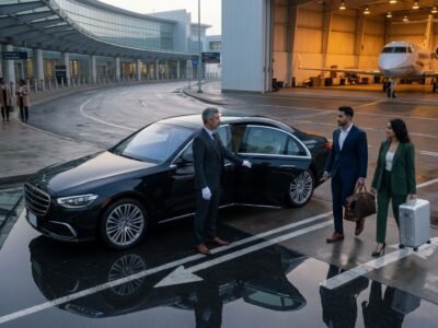 Chauffeur welcoming passengers to a luxury Ajax to Pearson airport limousine outside a private aviation hangar.