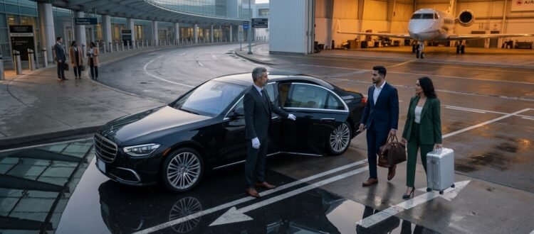 Chauffeur welcoming passengers to a luxury Ajax to Pearson airport limousine outside a private aviation hangar.