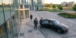 Chauffeur opening the door of an executive car for a luxury Durham Region airport limo service.