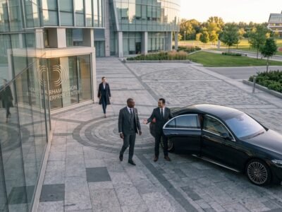 Chauffeur opening the door of an executive car for a luxury Durham Region airport limo service.
