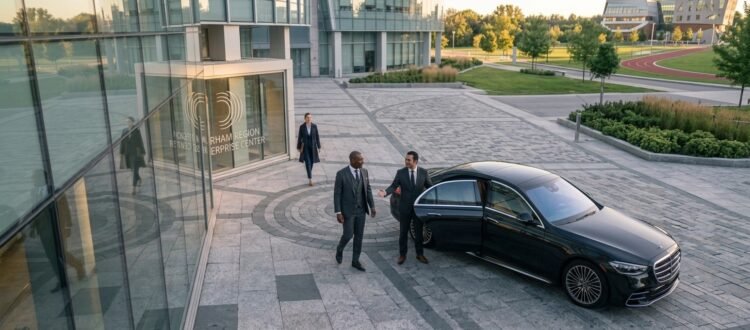 Chauffeur opening the door of an executive car for a luxury Durham Region airport limo service.
