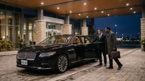 Chauffeur opening the door of an executive saloon for an affordable Pickering Pearson limo transfer outside an illuminated hotel.