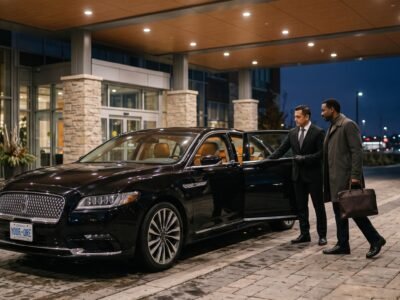Chauffeur opening the door of an executive saloon for an affordable Pickering Pearson limo transfer outside an illuminated hotel.