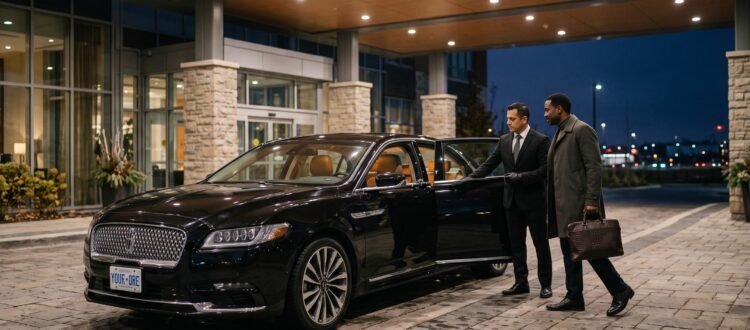 Chauffeur opening the door of an executive saloon for an affordable Pickering Pearson limo transfer outside an illuminated hotel.