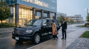 Chauffeur assisting passenger into a luxury SUV to book Pickering Pearson limo service outside a corporate building.