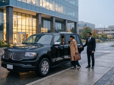 Chauffeur assisting passenger into a luxury SUV to book Pickering Pearson limo service outside a corporate building.