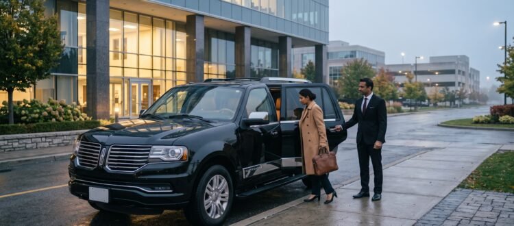 Chauffeur assisting passenger into a luxury SUV to book Pickering Pearson limo service outside a corporate building.