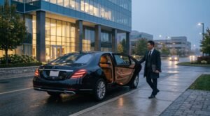 Chauffeur opening the door of an executive saloon for a hire Pickering Pearson limo transfer outside an upscale building.