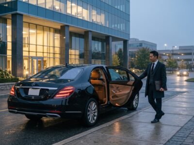 Chauffeur opening the door of an executive saloon for a hire Pickering Pearson limo transfer outside an upscale building.