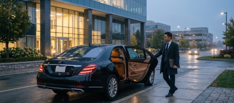 Chauffeur opening the door of an executive saloon for a hire Pickering Pearson limo transfer outside an upscale building.
