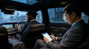 Over the shoulder view of a passenger seated in a luxury Pickering Pearson limo working on a digital device.
