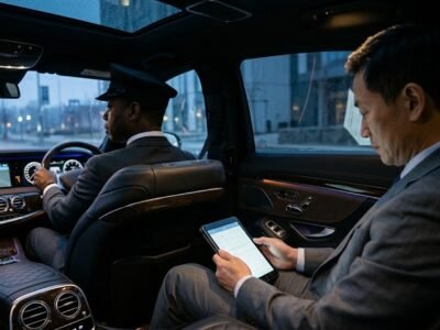Over the shoulder view of a passenger seated in a luxury Pickering Pearson limo working on a digital device.
