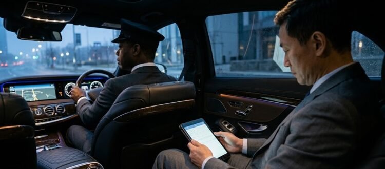 Over the shoulder view of a passenger seated in a luxury Pickering Pearson limo working on a digital device.