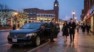 Chauffeur assisting passenger into a luxury vehicle for Pearson Airport car service Ajax outside a modern corporate building.