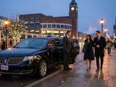Chauffeur assisting passenger into a luxury vehicle for Pearson Airport car service Ajax outside a modern corporate building.